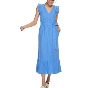 Popsugar womens S blue linen blend aline maxi dress sustainable mature office